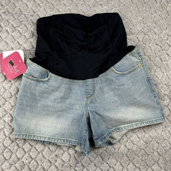 Isabel Maternity‎ Denim Shorts With Crossover Panel & Pockets Size 2/26 - Picture 1 of 7